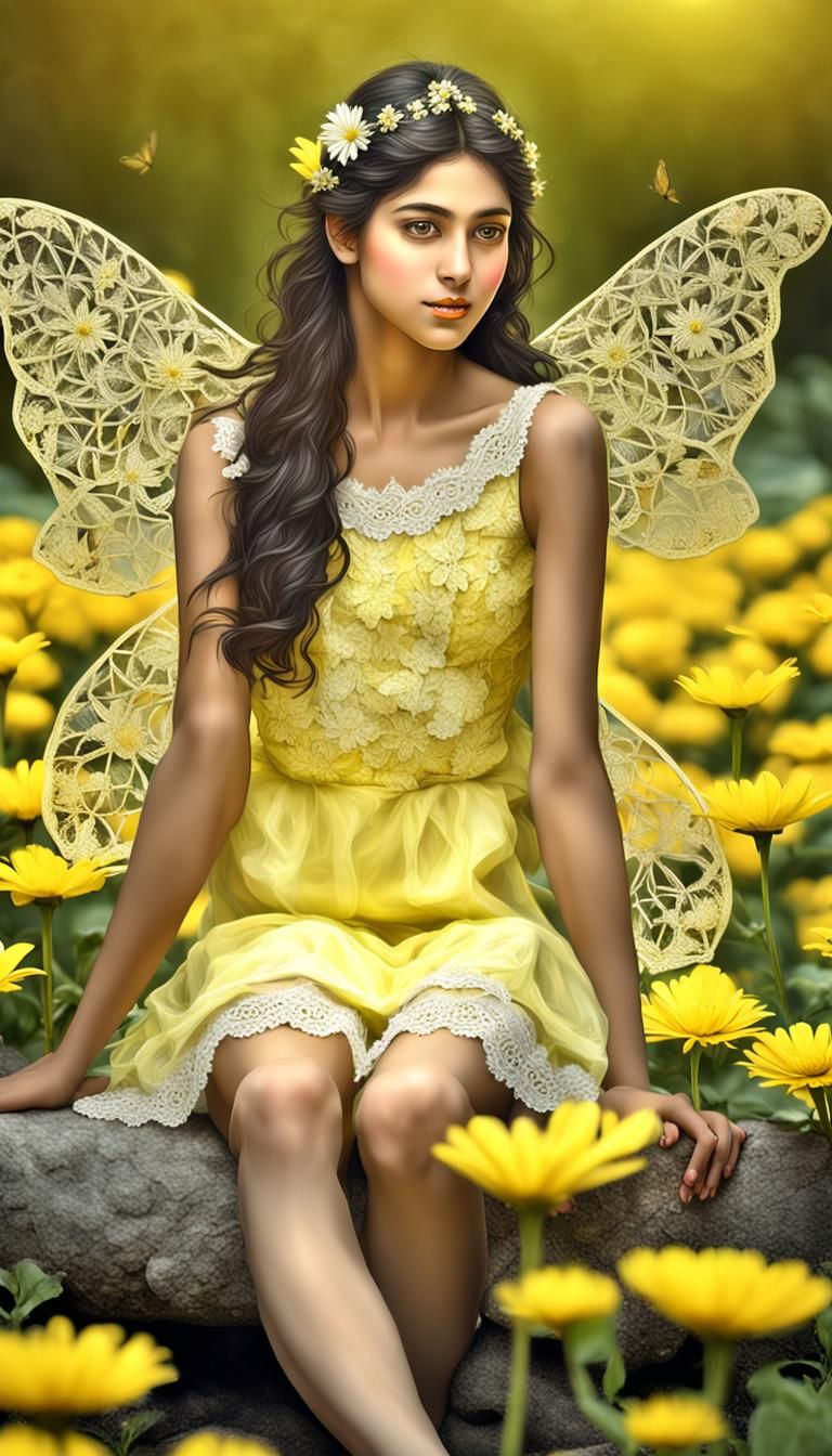 Pakistani Fairy on Daisy, Hyperrealistic Image
