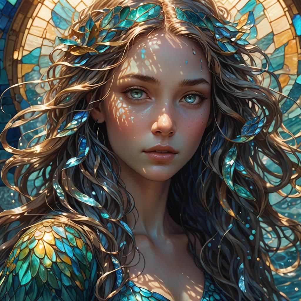 Blue Water Nymph Portrait in Art Nouveau Style