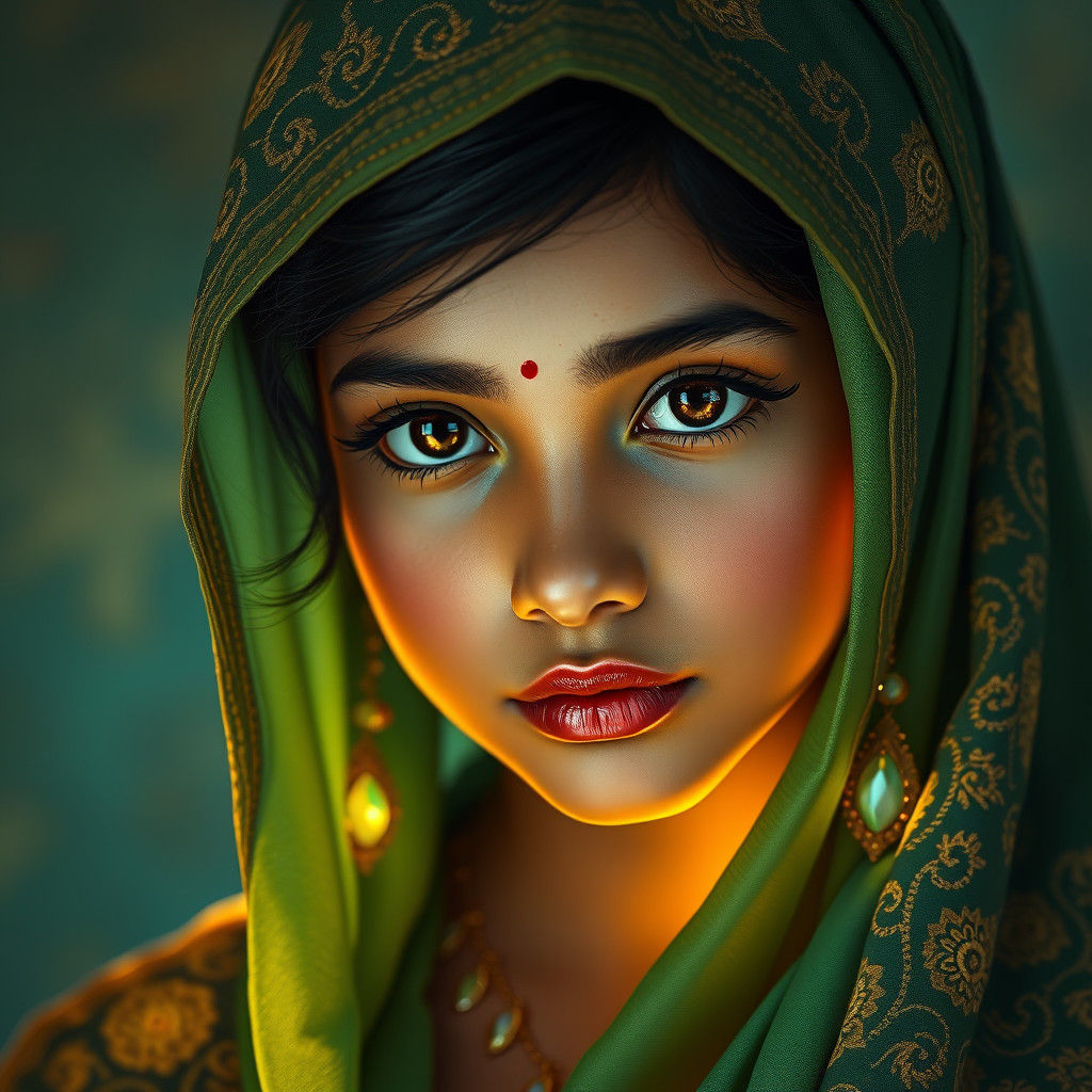 Hindu Girl in Green Hijab, Art Nouveau Portrait