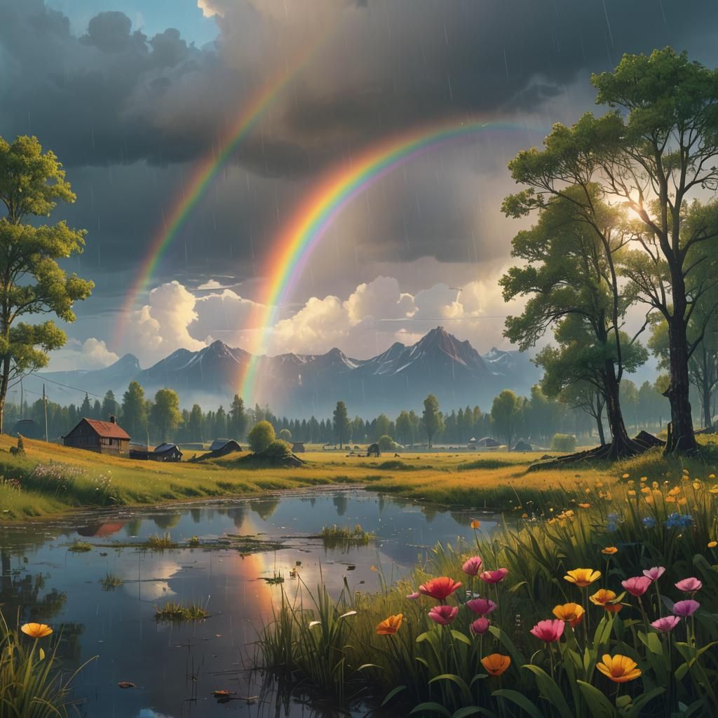 Rainbow Over Meadow: Fantasy Landscape Art