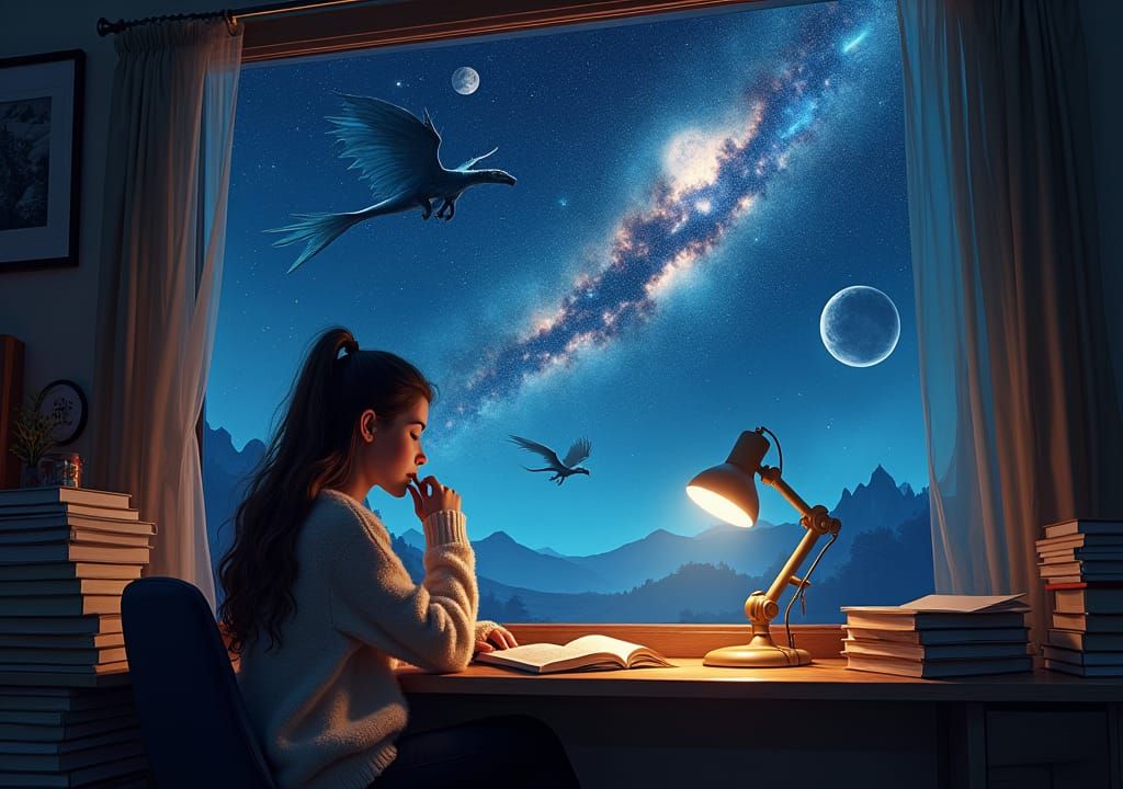 Woman Studies Under a Galaxy Sky in Magical Realism