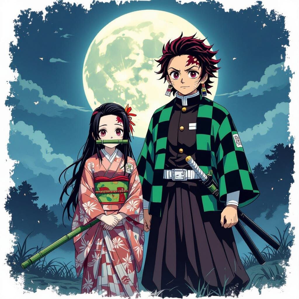 Tanjiro and Nezuko in Moonlit Landscape, Anime Style