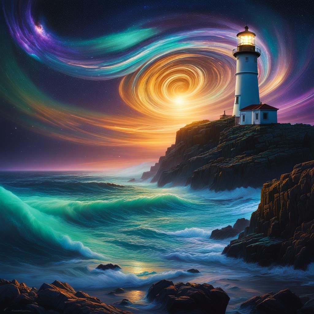 Bioluminescent Ocean Under Cosmic Skies