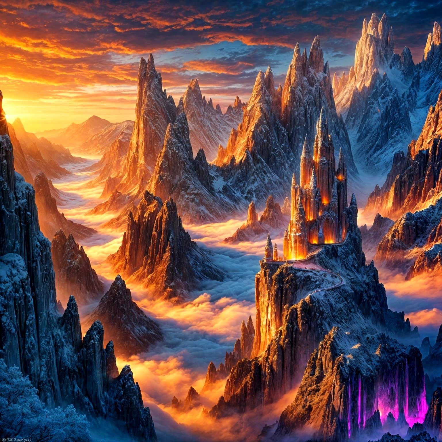 Surreal Golden Hour Cathedral Amidst Frosty Mountains