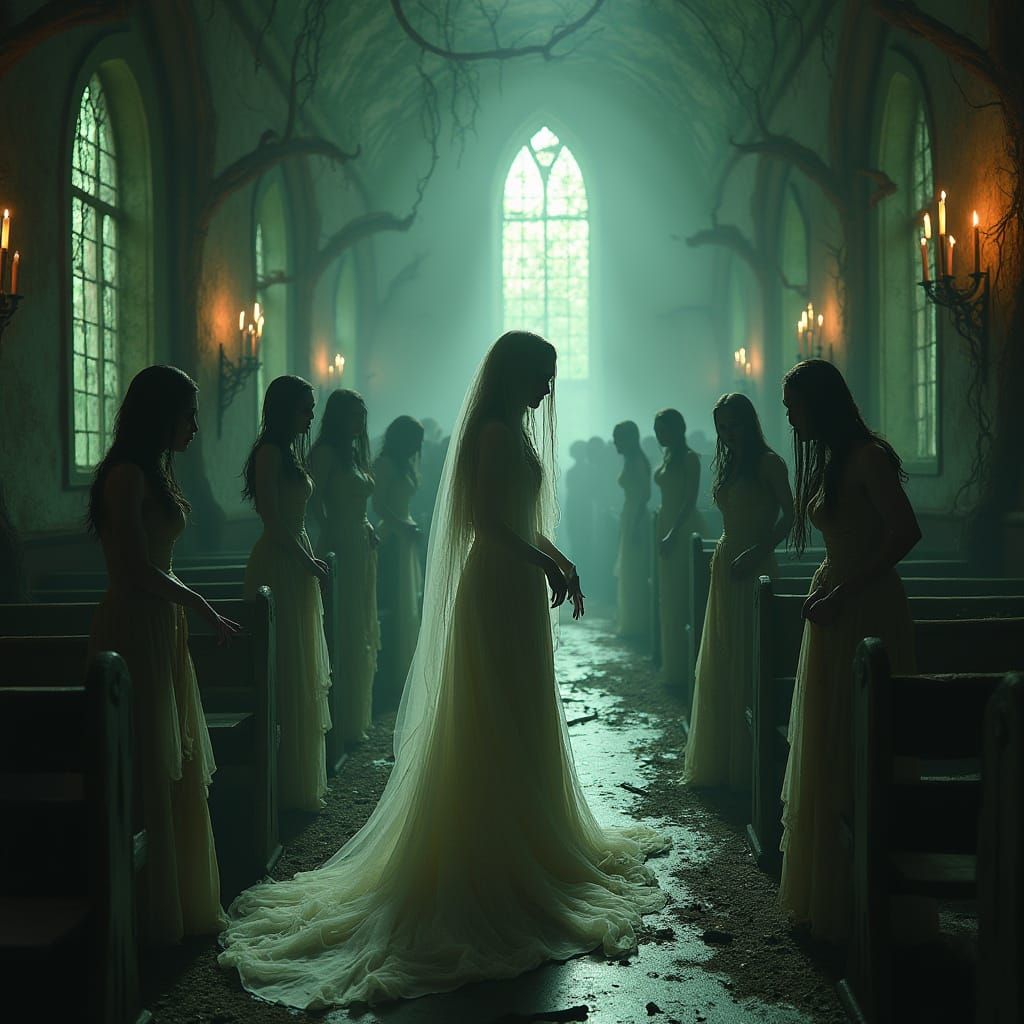 Undead Bride and Bridesmaids in Dark Surrealist Chapel