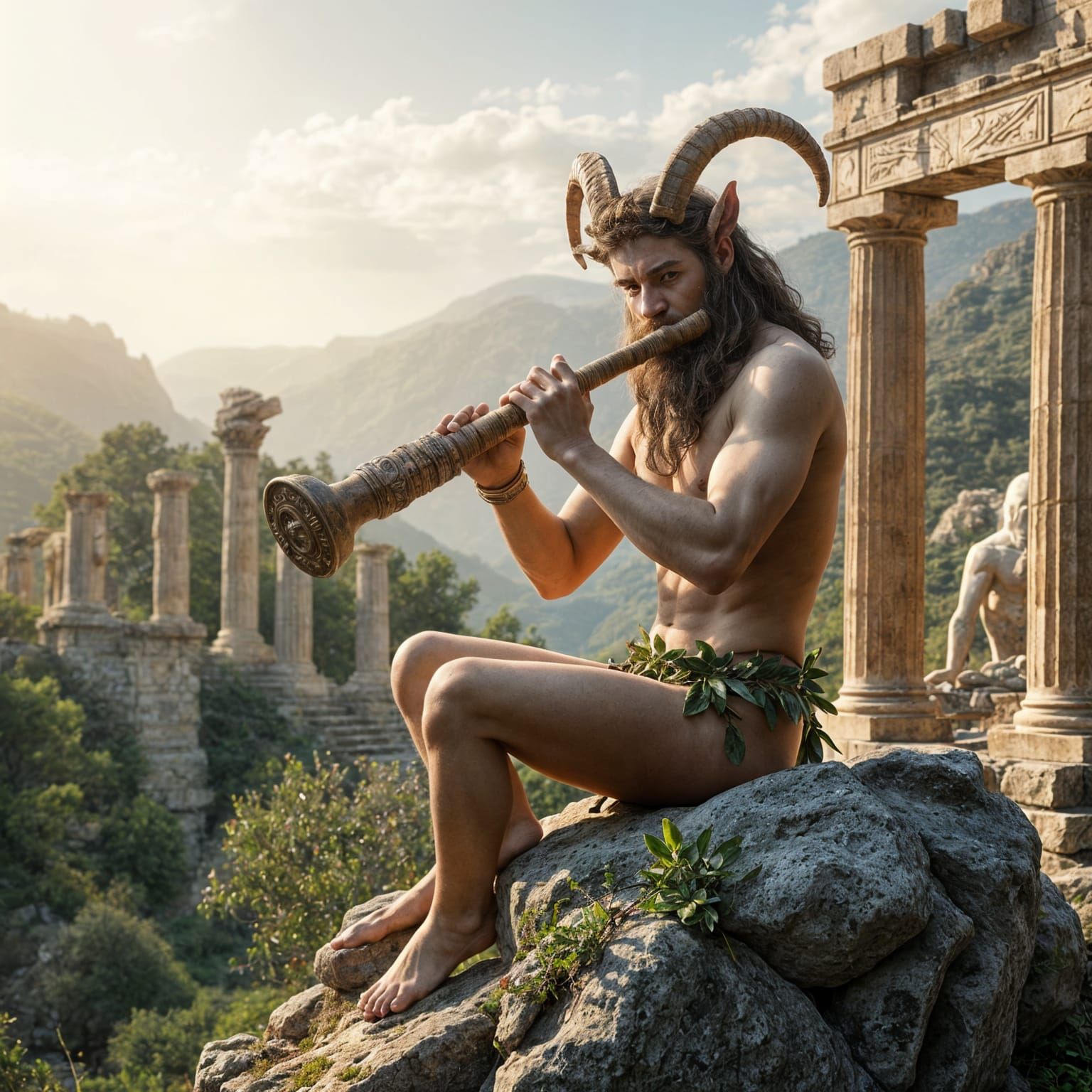 Hyperrealistic Greek God Pan Plays Pan Flute in Oracle of De...