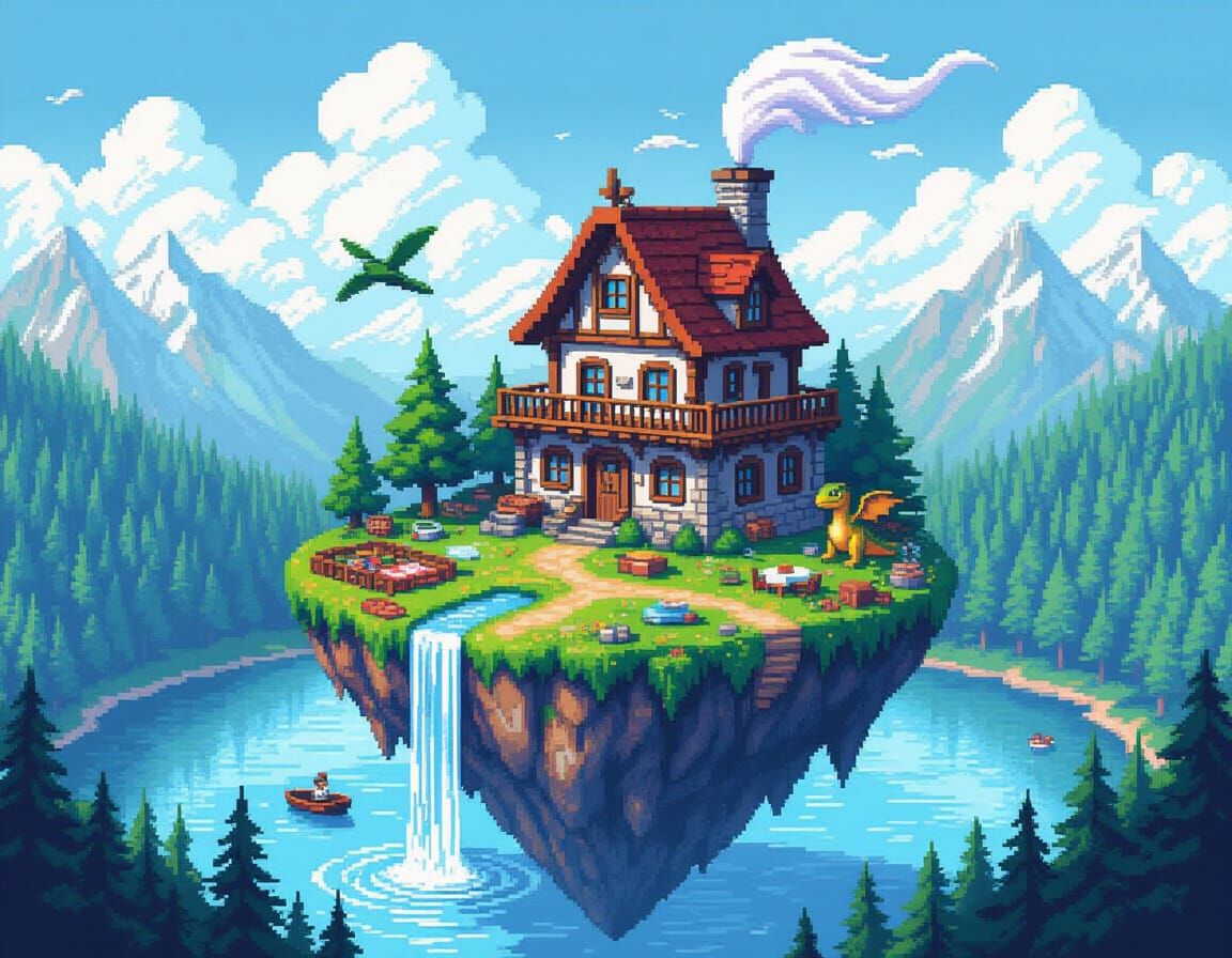 Pixel Art Floating Island With Fantasy House and Dinosaurs
