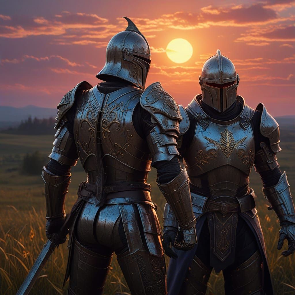 Dramatic Sunset Clash of Armored Knights in Vibrant Cinemati...