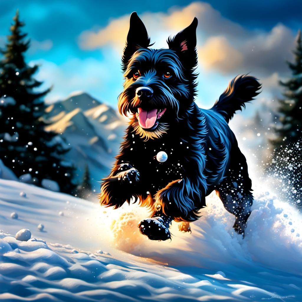 Black Terrier Chasing Ball in Snowy Landscape