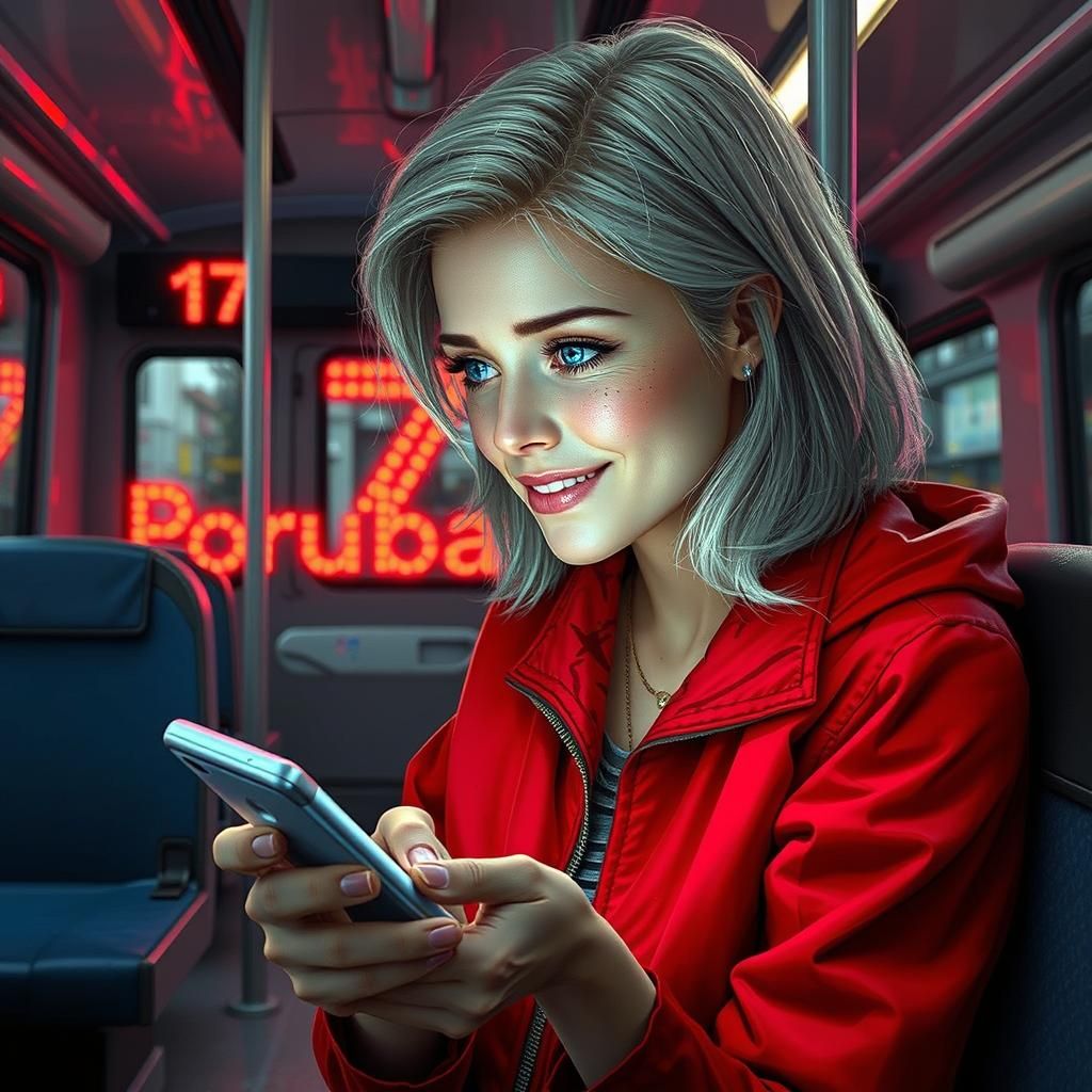 Woman on Tram in Detailed Matte Painting Style