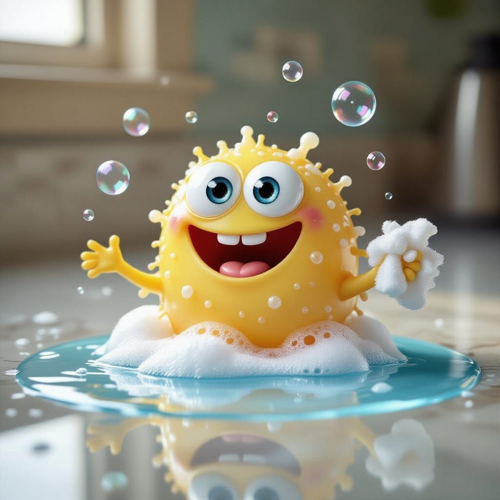 Funny Microbe Enjoys Bubble Bath on Countertop
