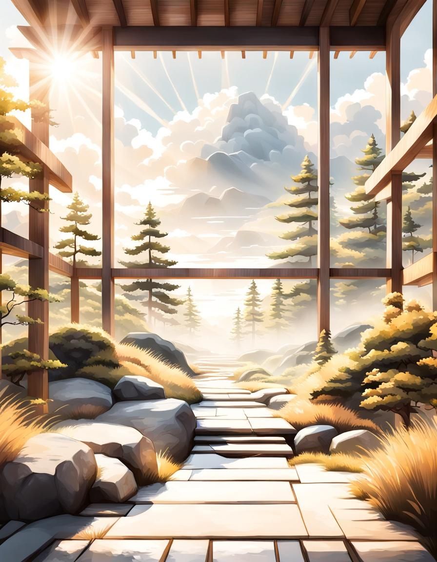 Japandi Nature Landscape with Soft Sunshine