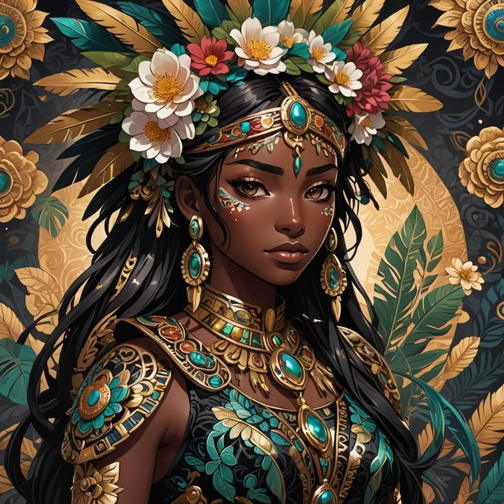 Aztec Latina Girl with Obsidian Sword in Anime Style