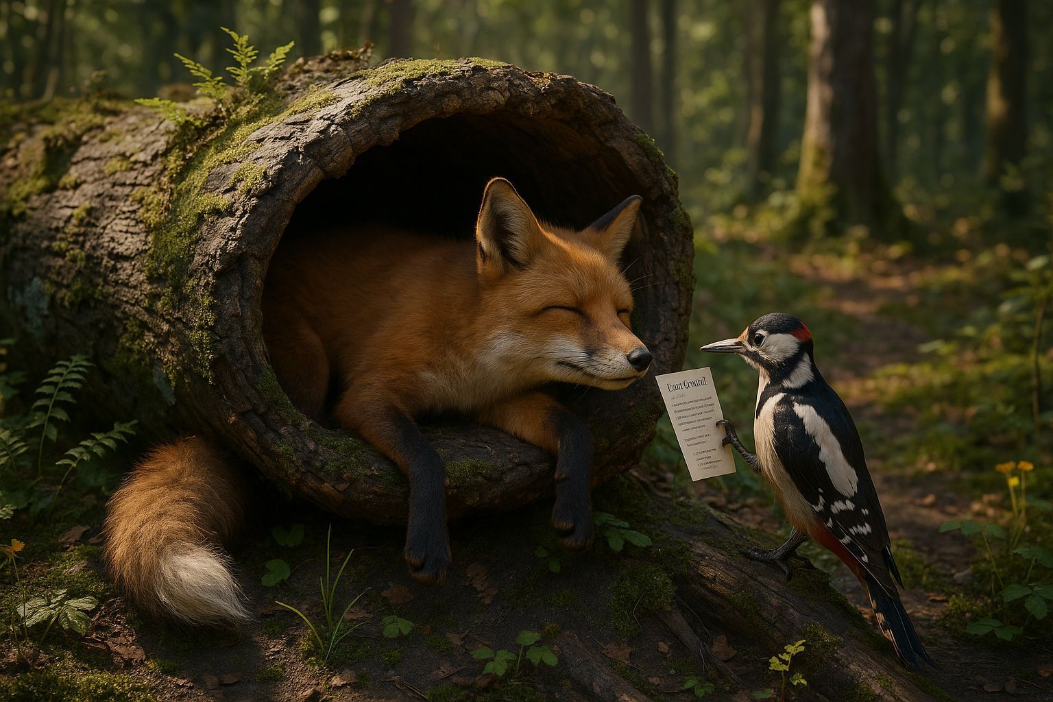 Sleepy Fox Disturbed by Woodpecker: 8K Unreal Engine