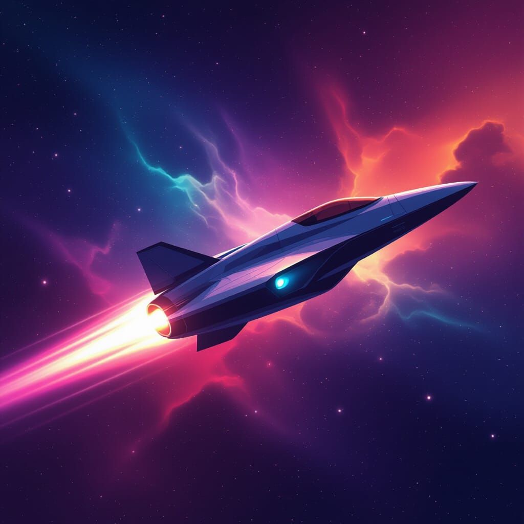 Spaceship Soaring Through Nebula in Minimalist Style