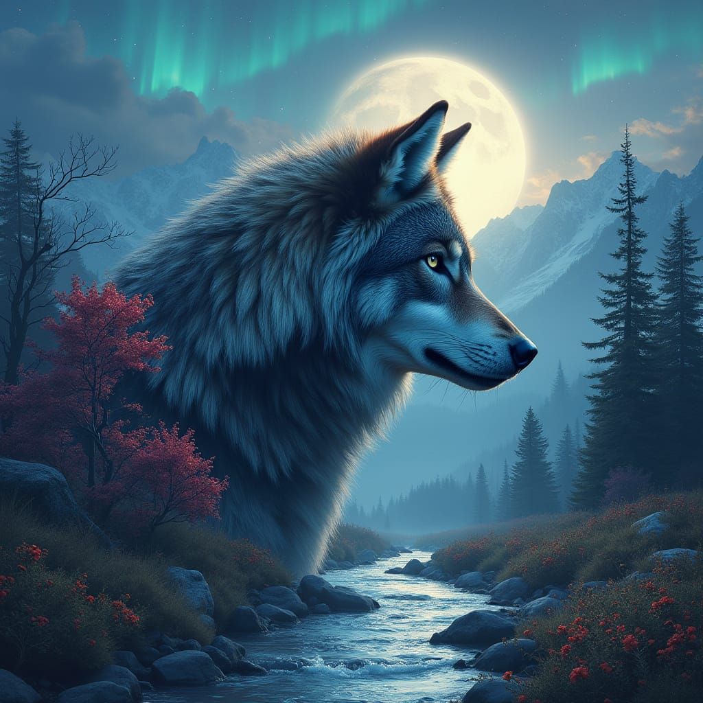 Wolf Double Exposure with Mountains and Stream