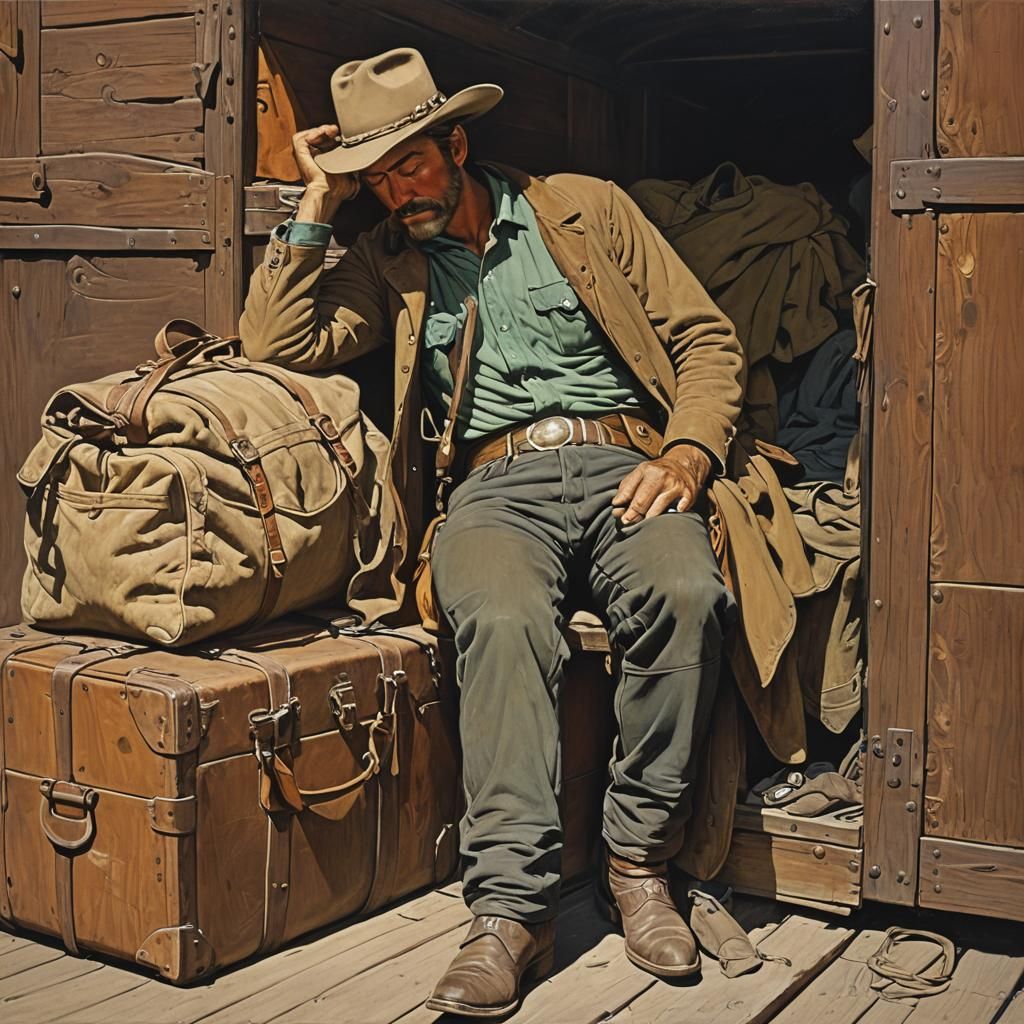 Cowboy Sleeping in Boxcar, Remington Style Art