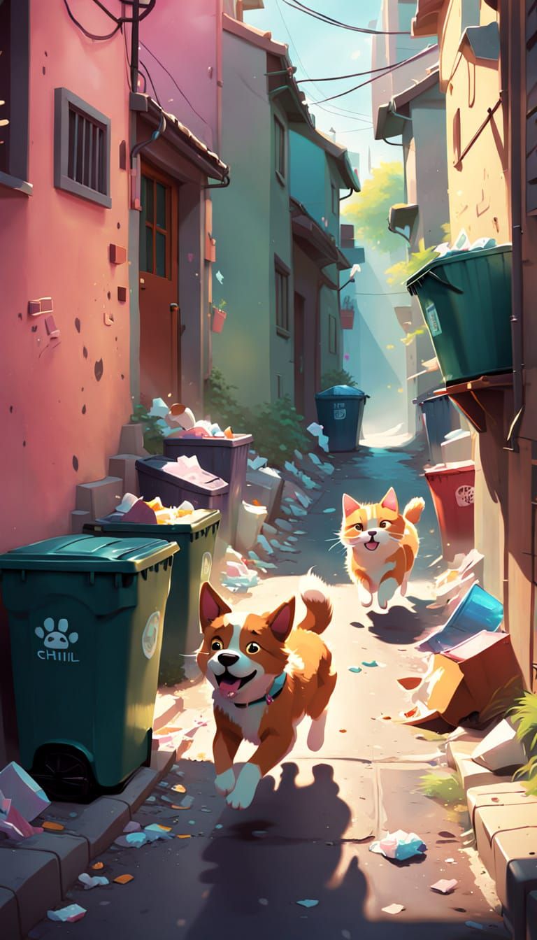 Dog and Cat Chase in Kawaii Art Style