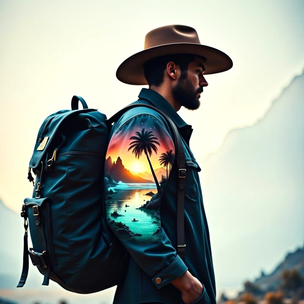 Surreal Double Exposure of a Handsome Australian Man in a Tr...