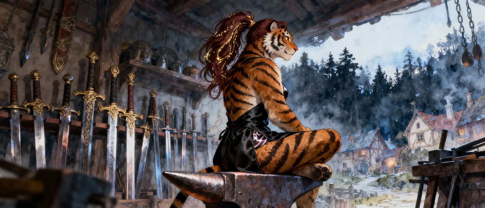 Anthropomorphic Tigress Blacksmith in Fantasy Weapon Shop
