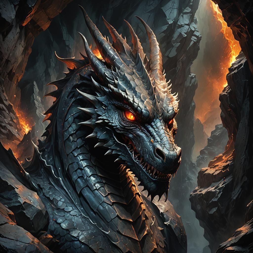 Dragon in Dark Cave: Dark Fantasy Oil Painting