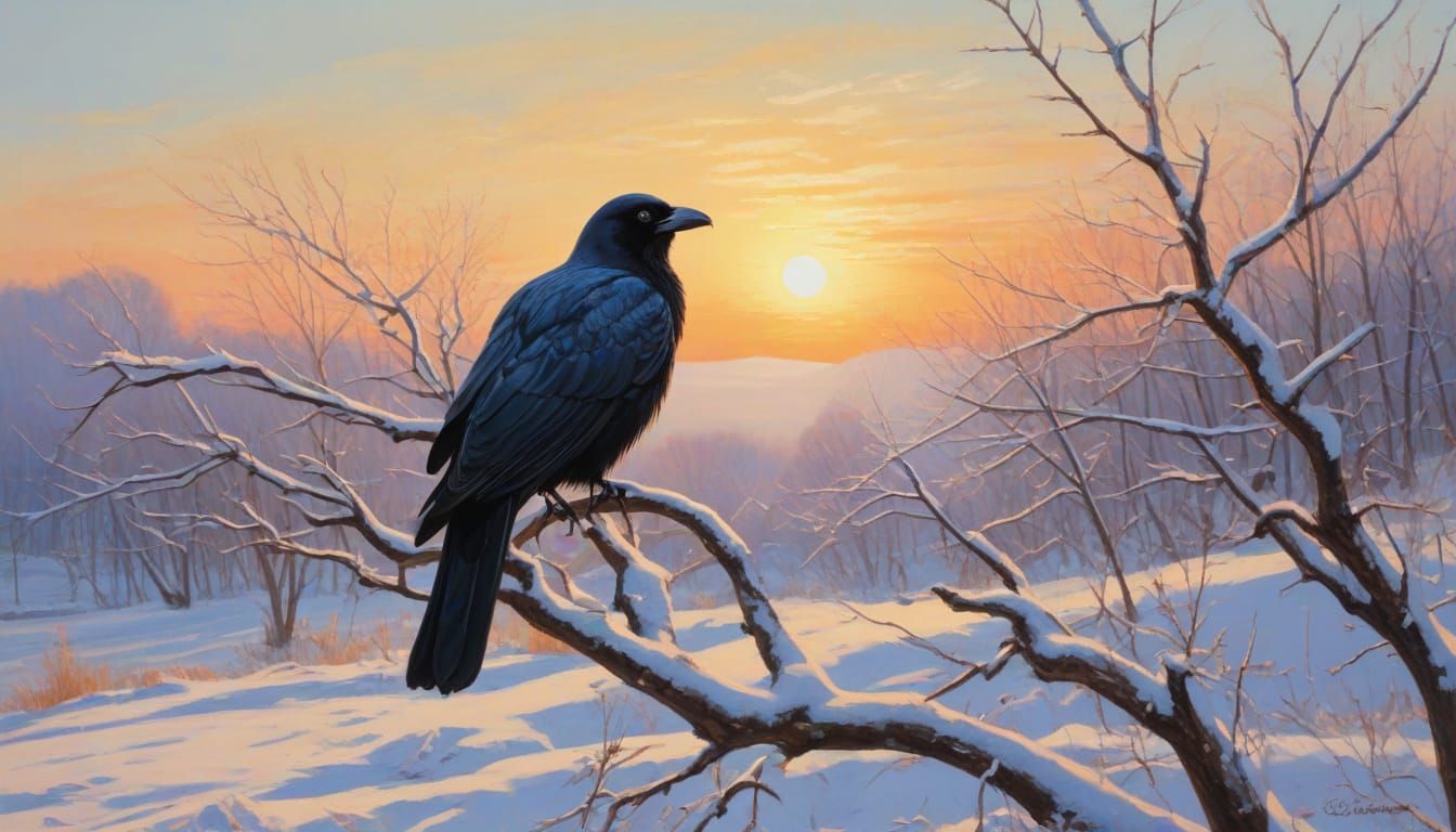 Majestic Crow in Winter Landscape