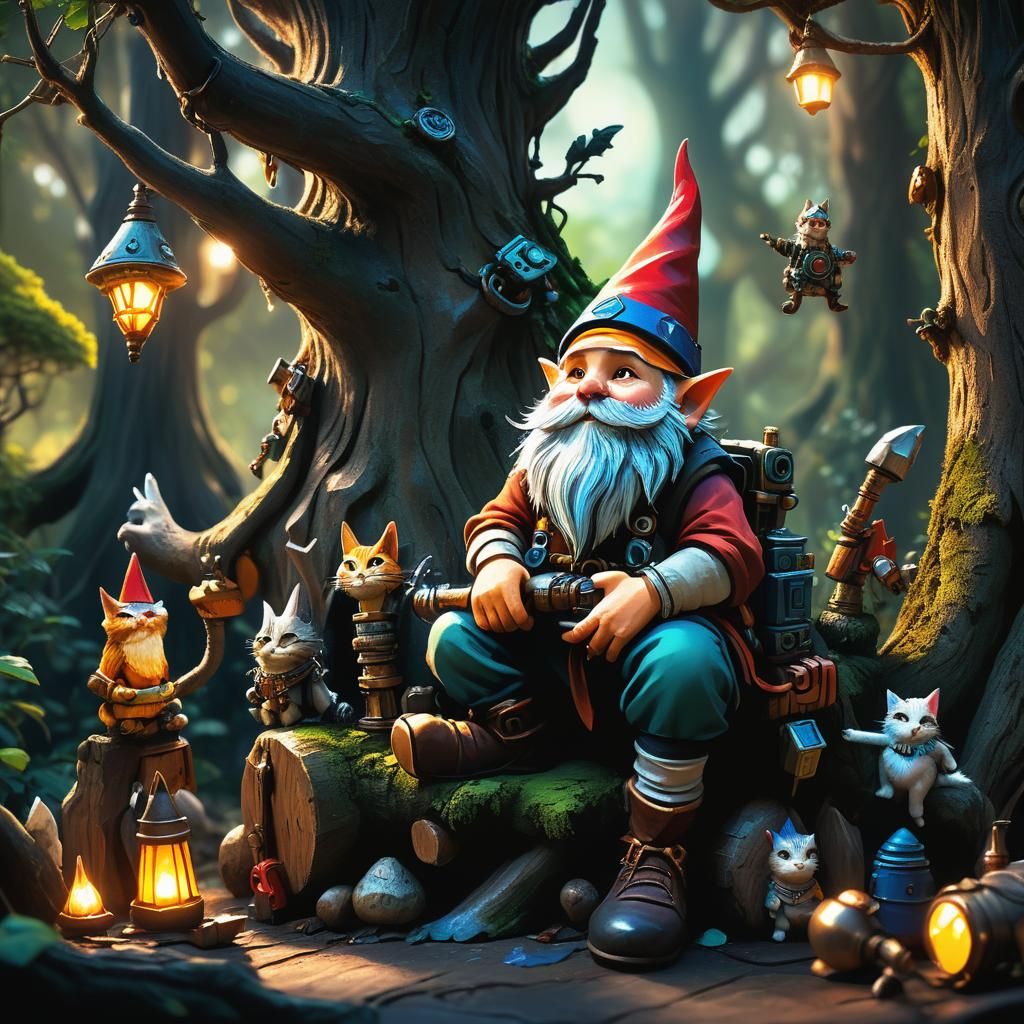Gnome Rides Cat Through Forest: Fantasy Concept Art
