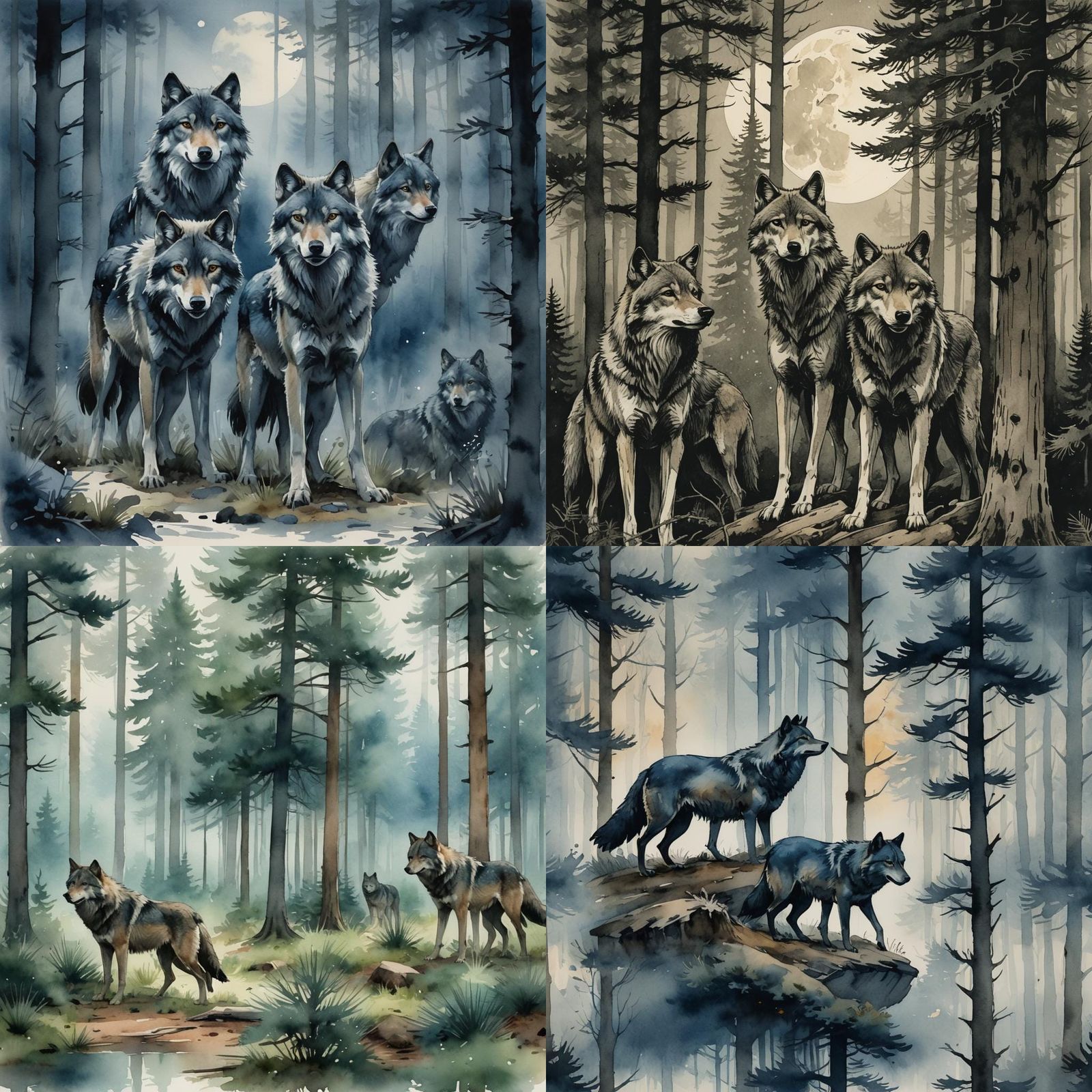 Ominous Wolves in Pine Forest: Watercolor Sketch