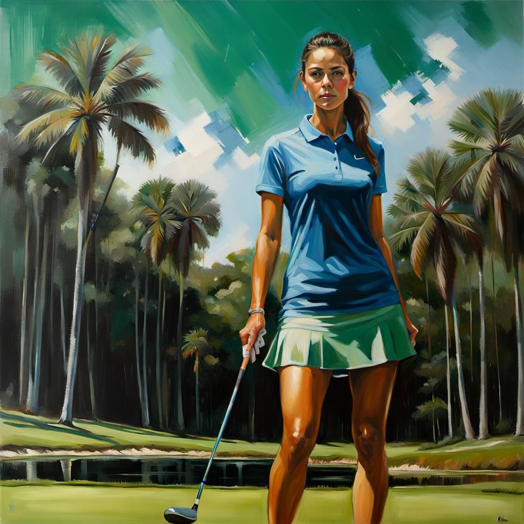 Woman on Golf Course: Oil Painting Portrait