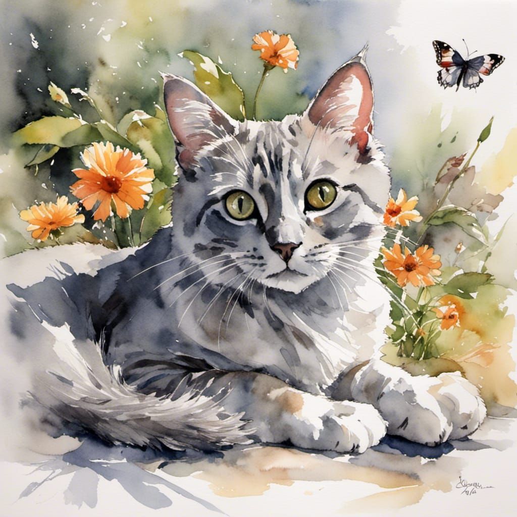 Gray Siberian Cat and Butterfly: Soft Focus