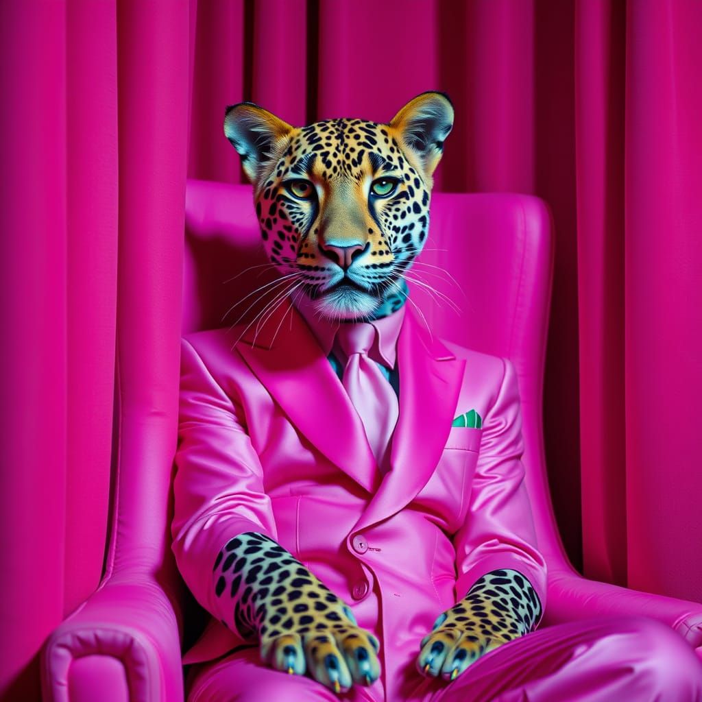 Leopard in Pink Suit: Surreal Animal Portrait