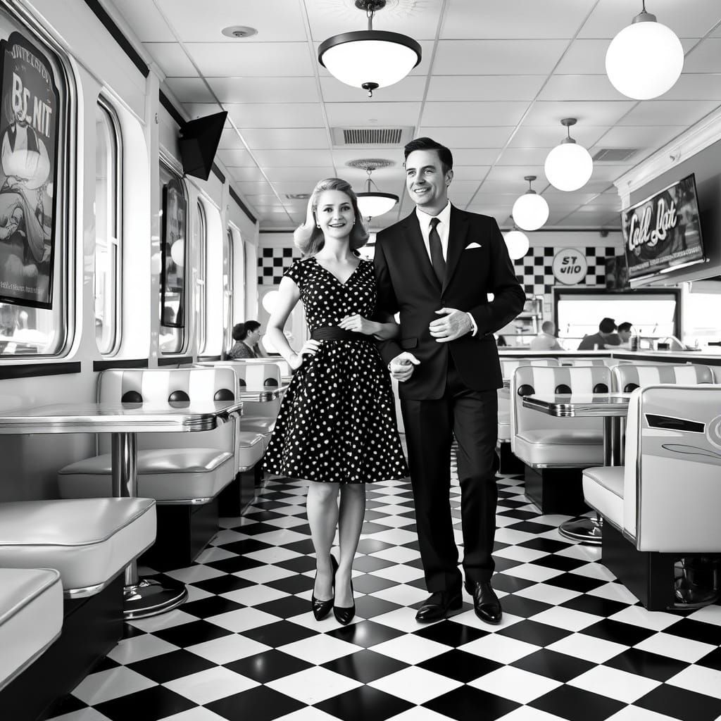 Classic 1950s Diner Scene in Black and White