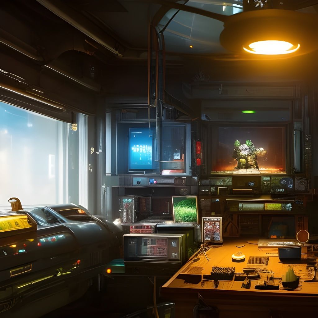 Cyberpunk Security Workstation: Detailed Digital Art