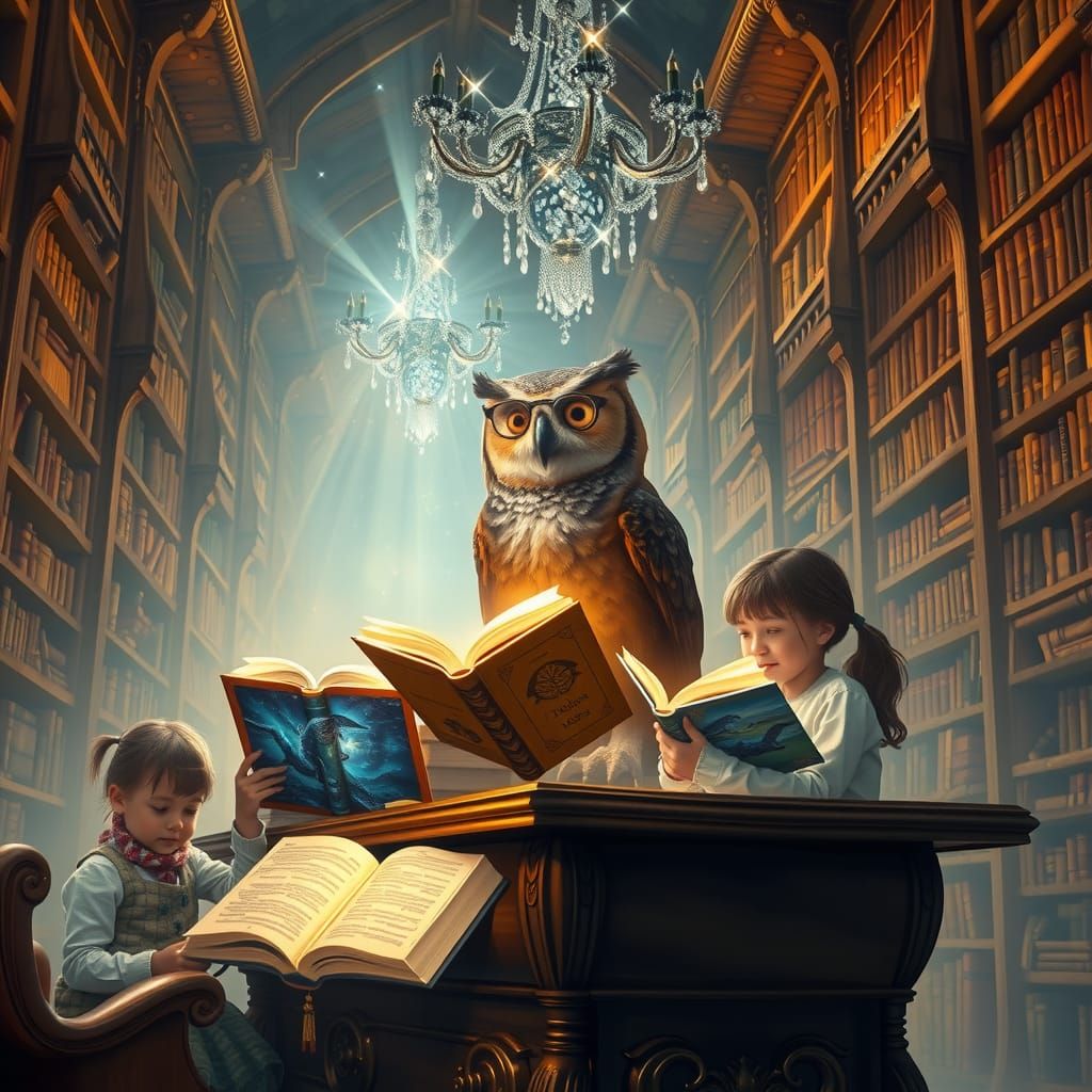 Mystical Library with Glowing Tomes and Wise Owl
