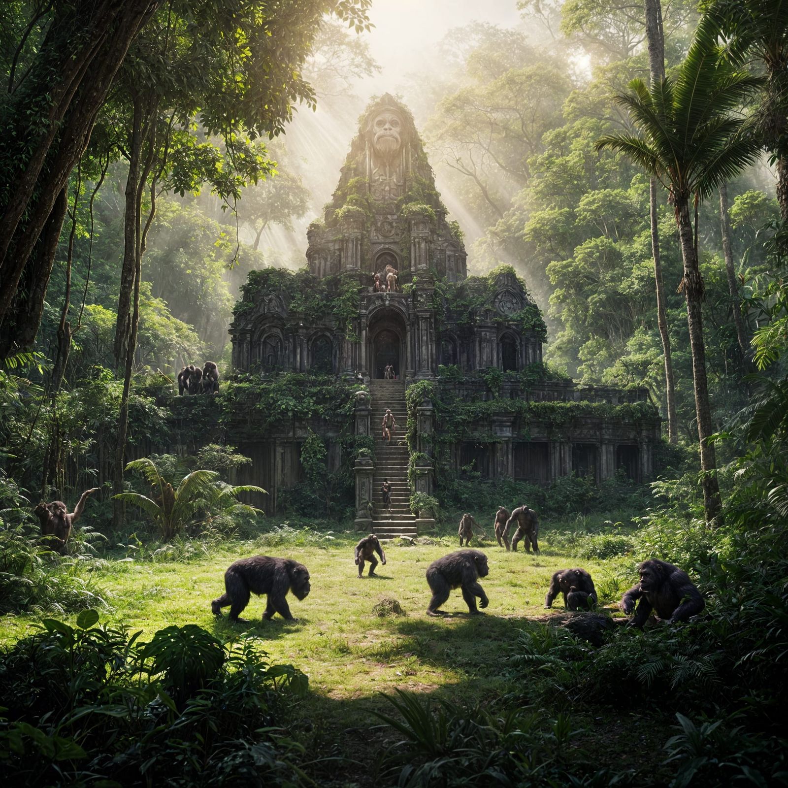 Apes Swinging Through Jungle: Cinematic Film Still