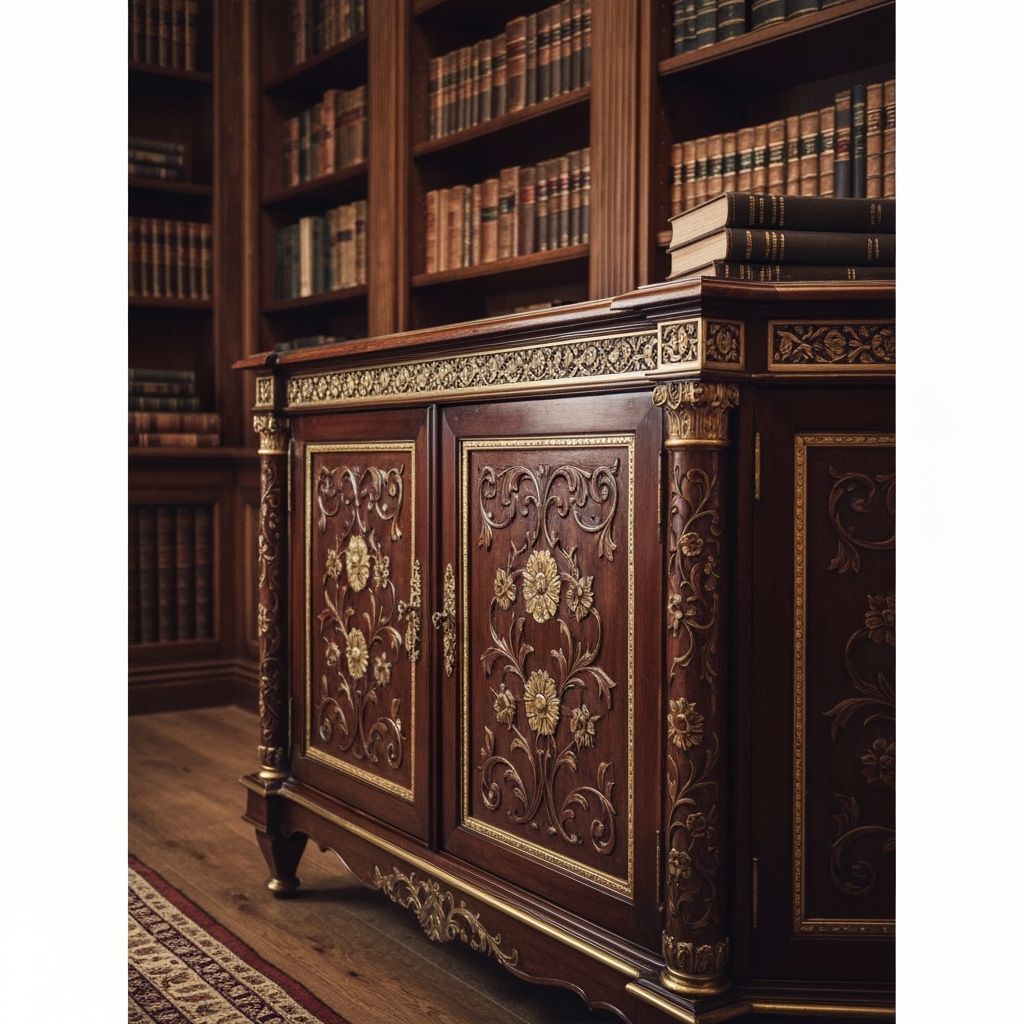 Intricate Mahogany Cabinet with Brass Accents