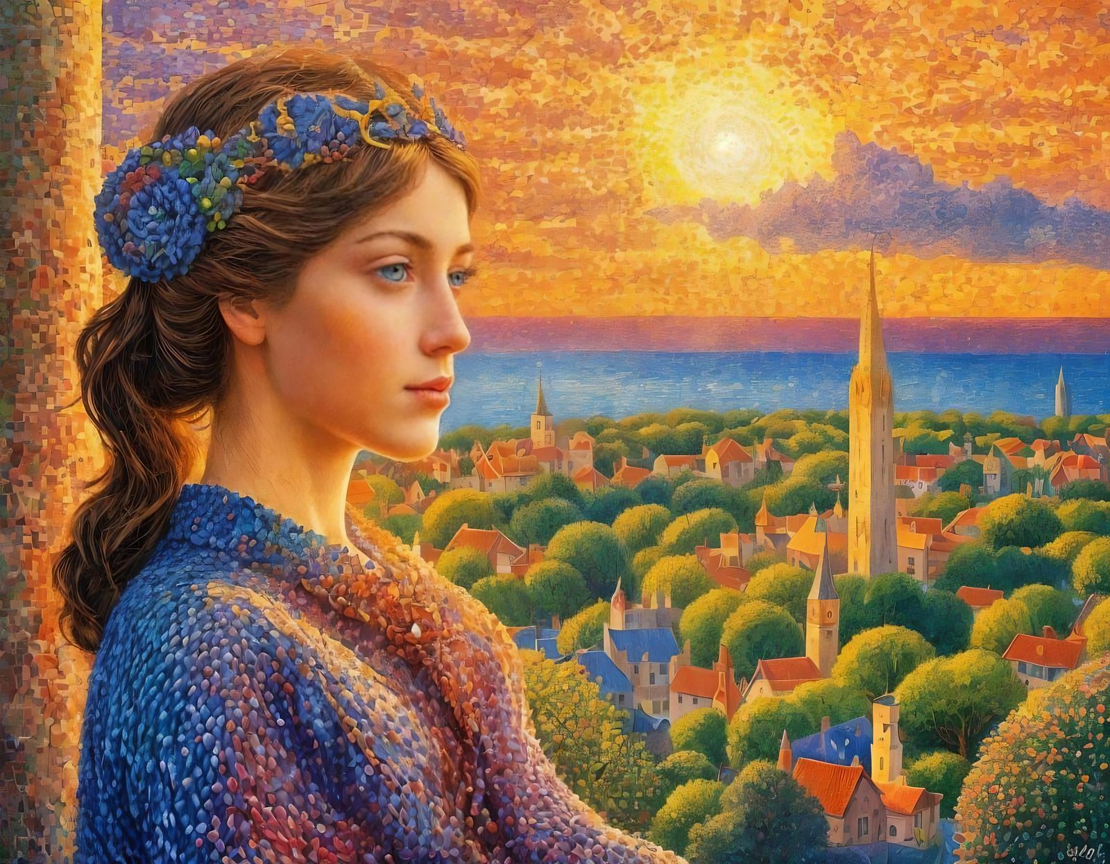 Pointillist Princess Admiring Sunset Over Medieval Realm