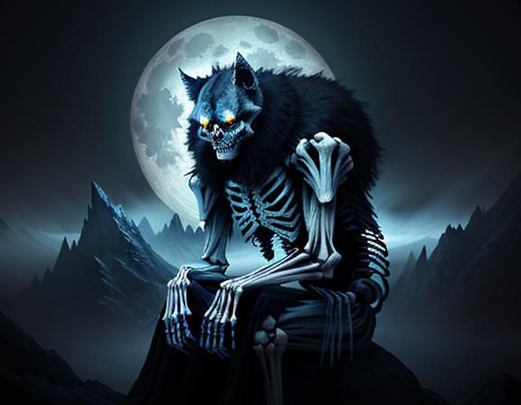 Furry Skeleton on Misty Peak: Dark Fantasy Art
