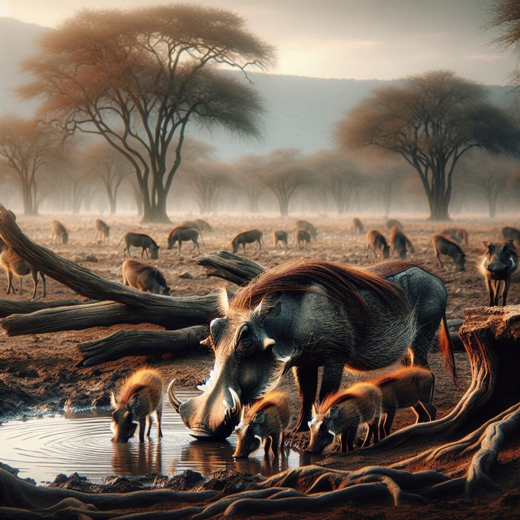 Warthog Mother and Babies at African Watering Hole