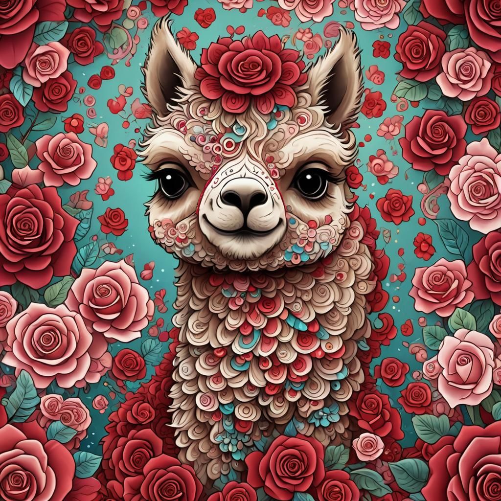 Smiling Chibi Alpaca in Abstract Fractal Design