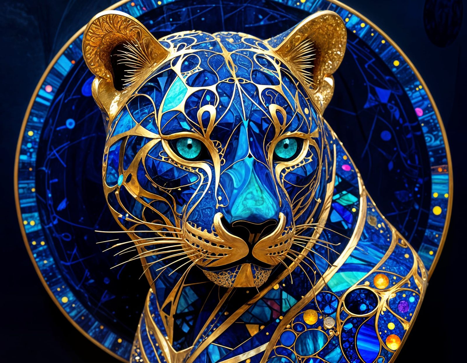 Abstract Indigo Jaguar Portrait in Zentangle Style