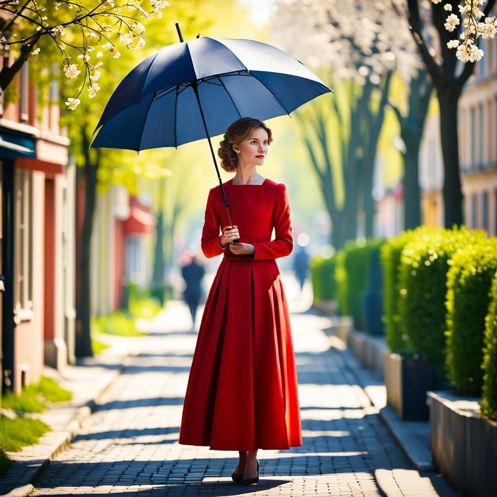 Woman in Red Dress in 19th Century Town