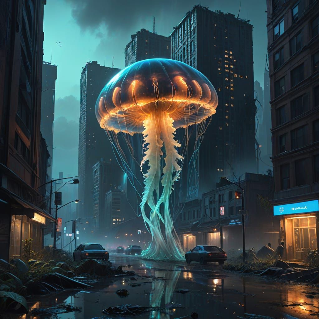 Bioluminescent Jellyfish in Alien Cityscape