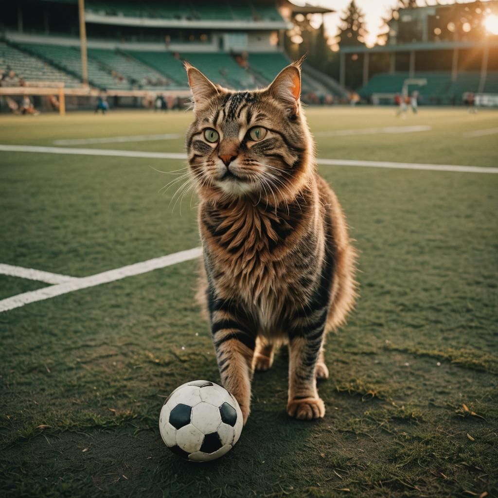 Cat Plays Football in Stadium at Sunset