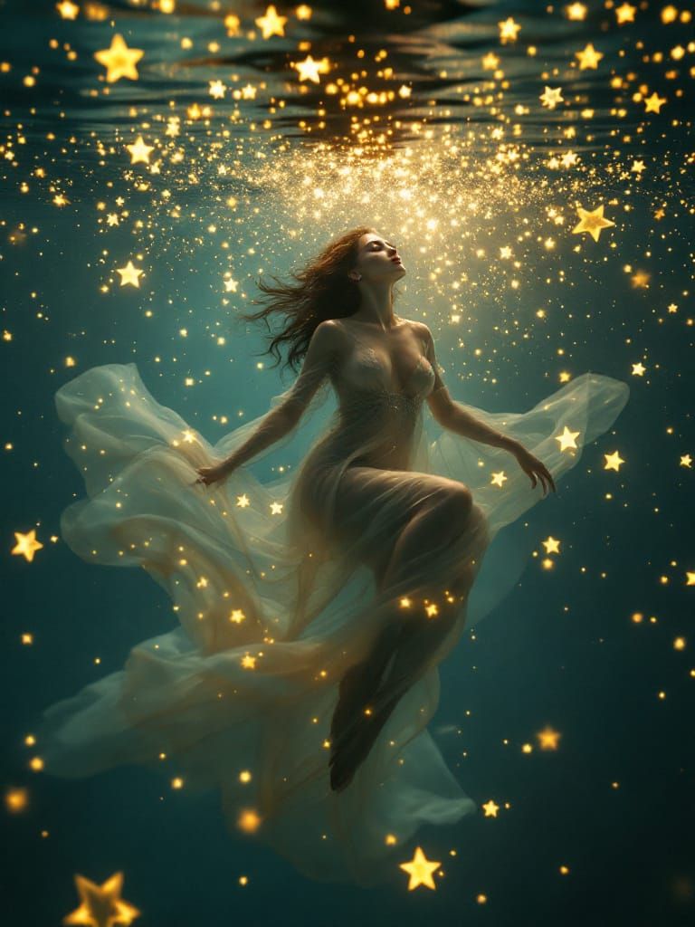 Ethereal Woman Underwater with Glowing Stars