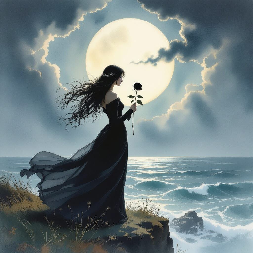 Woman on Cliff Overlooking Stormy Sea with Black Rose