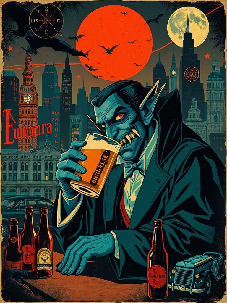 Dracula Drinks Beer in Surreal 1920s Noir Scene