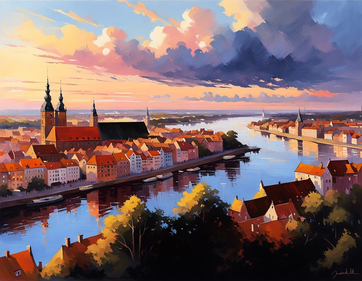 Impressionist Cityscape at Golden Hour in Gdansk, Poland