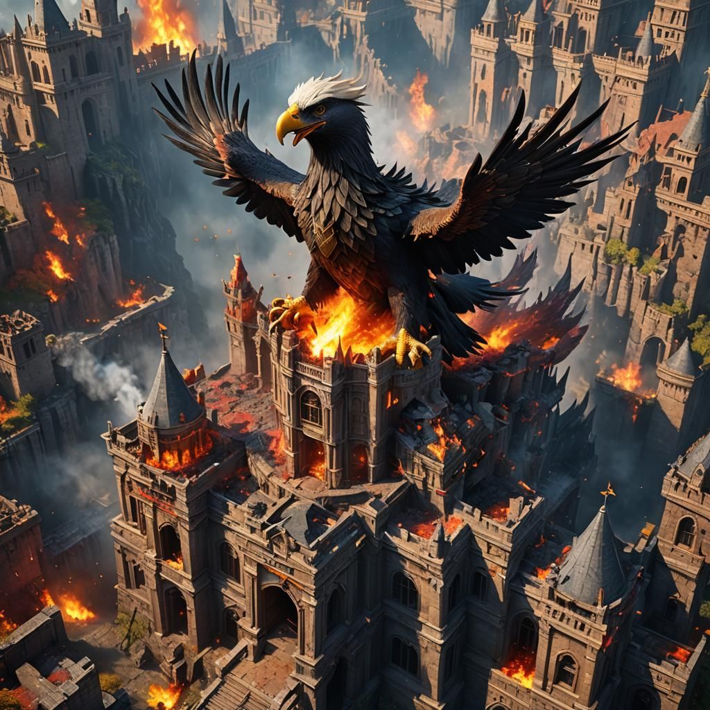 Giant Eagle Destroys Burning Castle: Fantasy Art