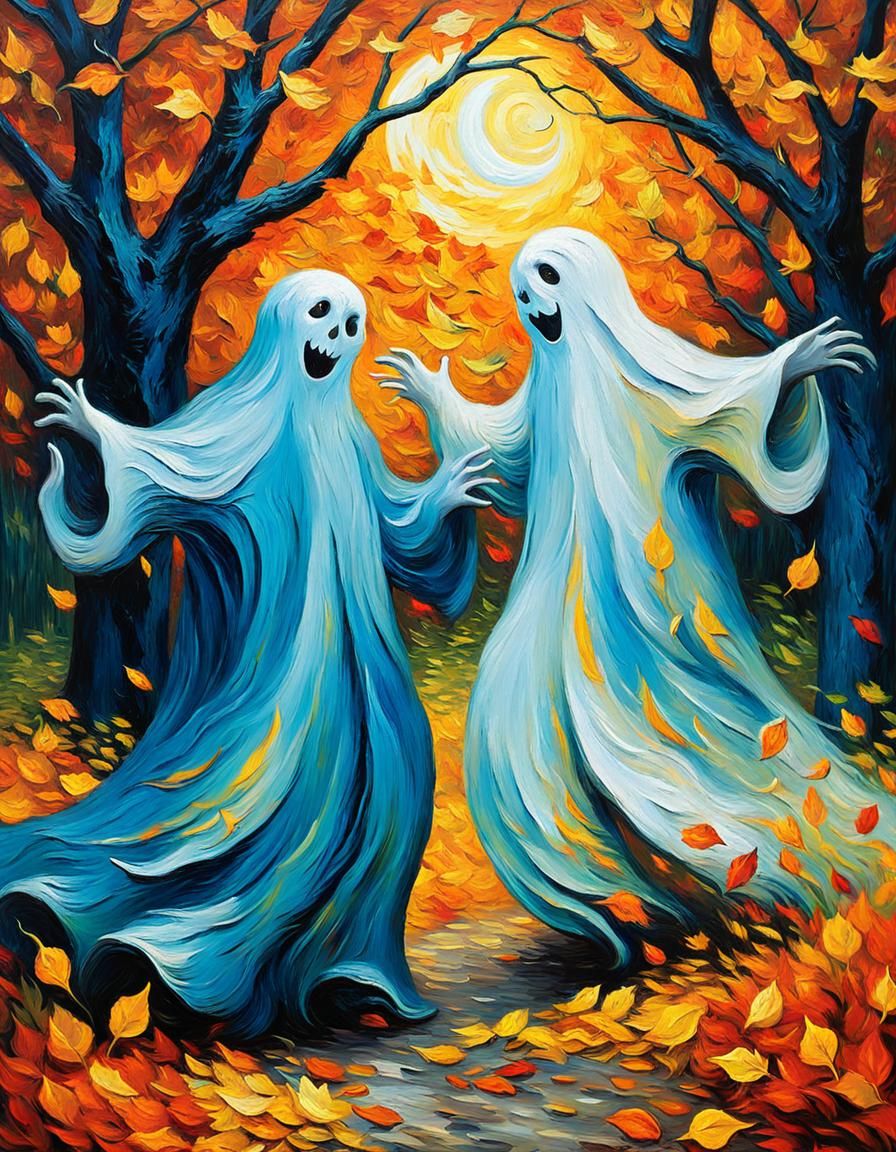 Ghosts Waltzing in Moonlit Garden as Impasto Painting
